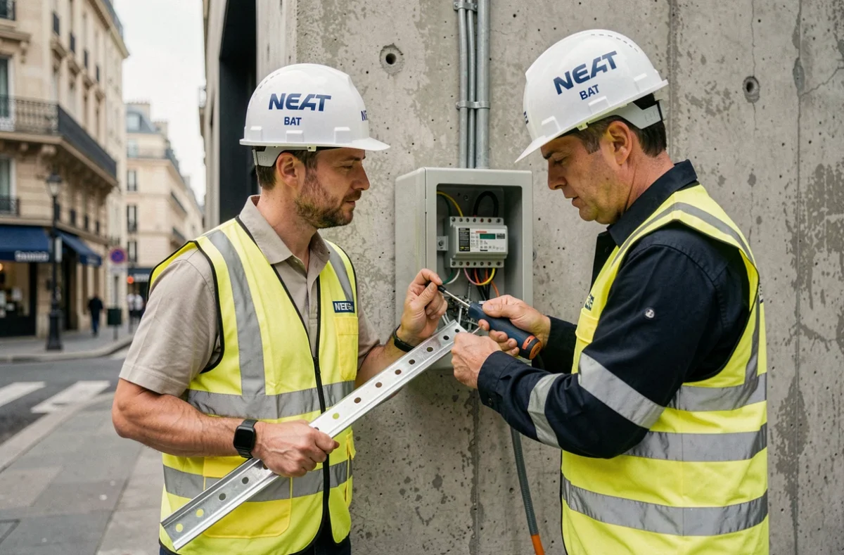 Deux électriciens NTE BAT en gilets haute visibilité travaillant sur un boîtier électrique extérieur à Paris