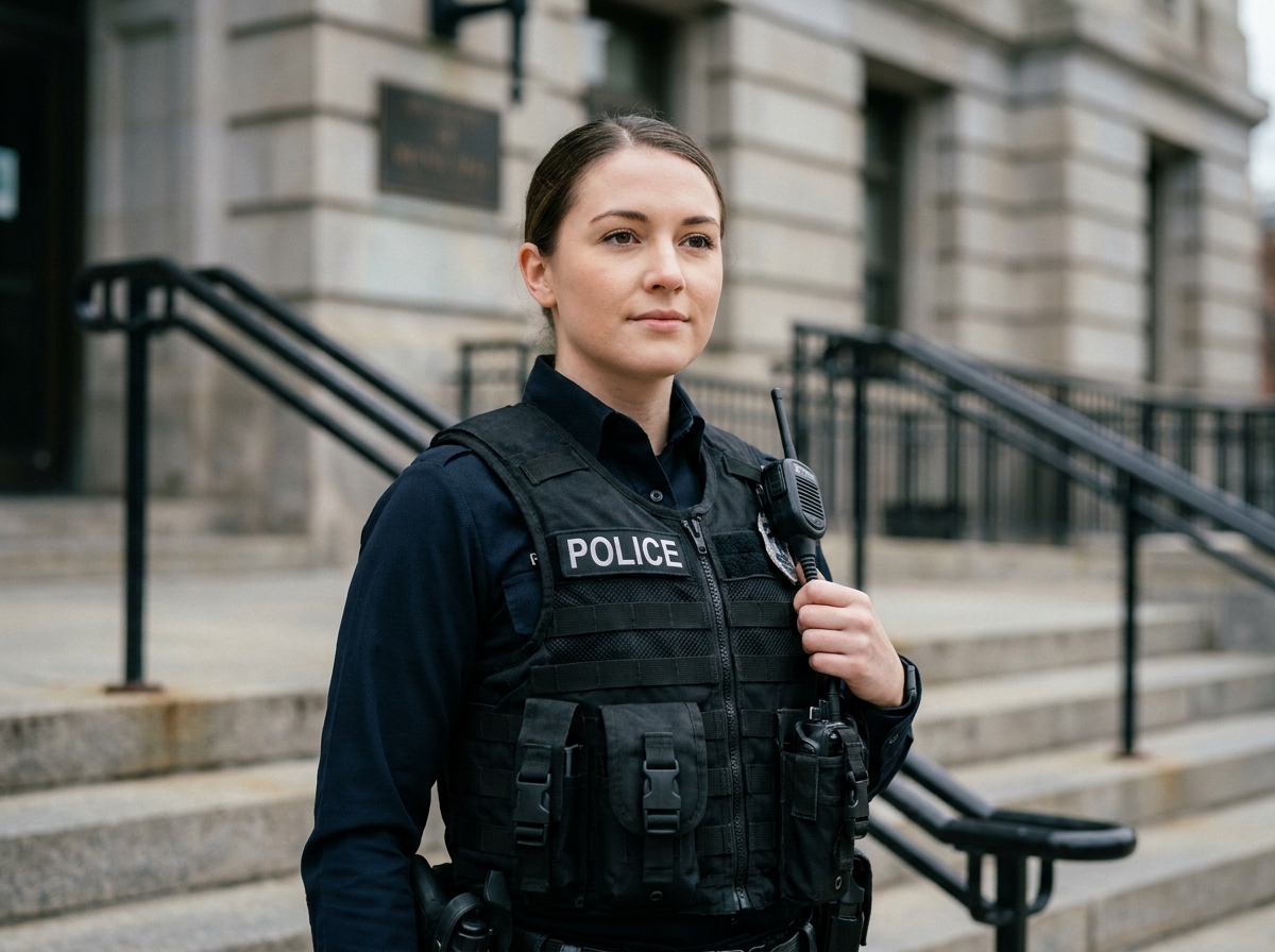 Officière en uniforme portant un gilet tactique apparent devant un bâtiment municipal, représentant le port visible d'équipement professionnel de protection