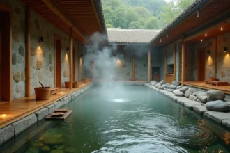 Intérieur d'un onsen japonais traditionnel avec bassin d'eau minérale, murs en pierre et bois de cyprès, ambiance authentique des bains nippons