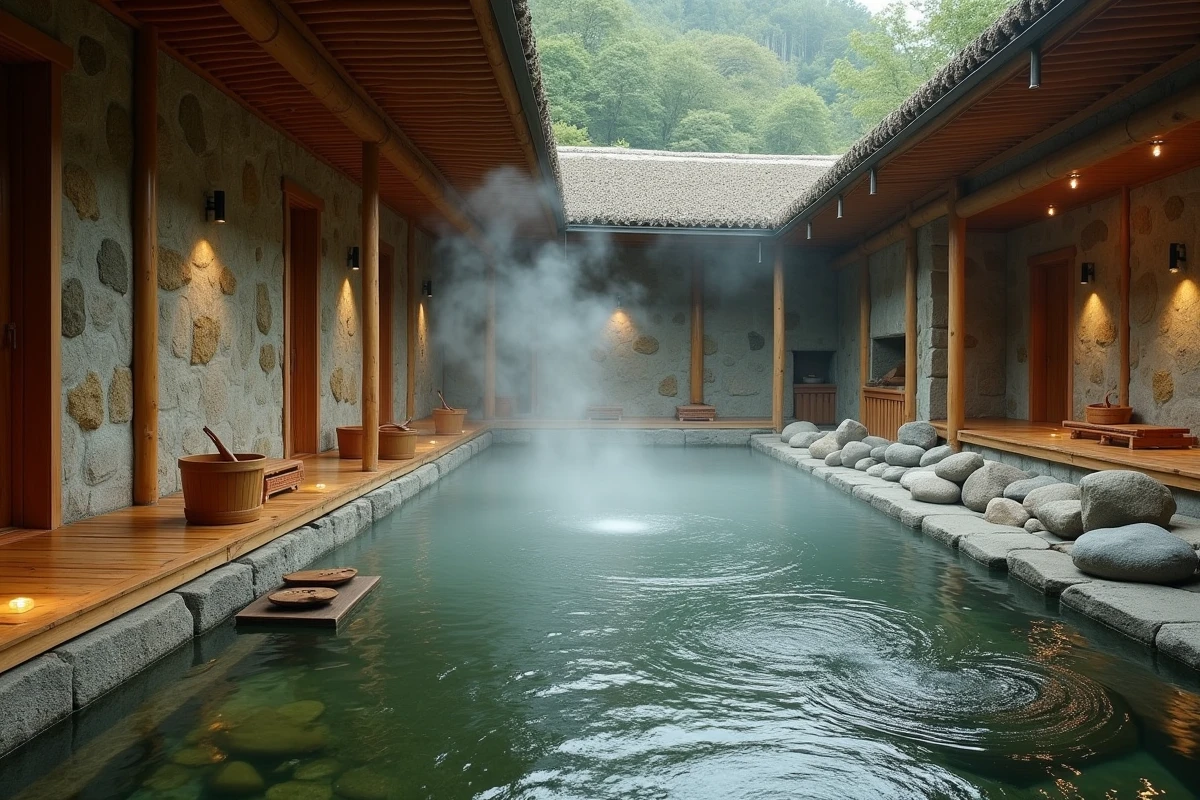 Intérieur d'un onsen japonais traditionnel avec bassin d'eau minérale, murs en pierre et bois de cyprès, ambiance authentique des bains nippons
