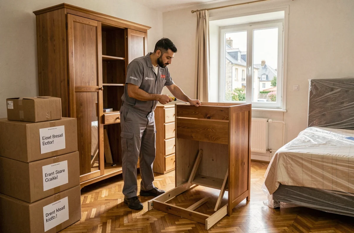Déménageur professionnel d'Orhan Déménagements démontant une armoire en bois dans un appartement breton avec des cartons autour de lui