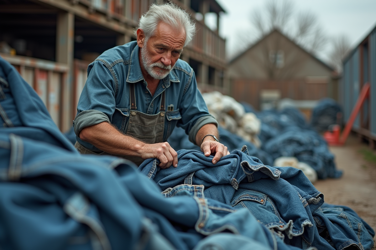 Ouvrier triant des jeans usés dans une zone de recyclage