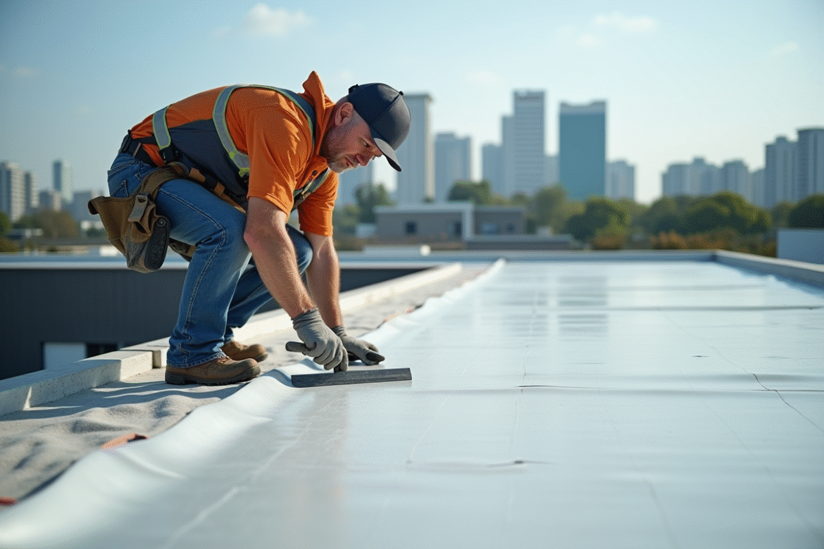 Ouvrier toiture appliquant une membrane étanche sur un toit plat en ville