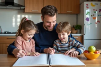 Père avec enfants autour d'un planner dans la cuisine moderne