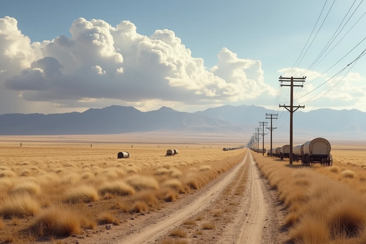 Paysage de prairie américaine au XIXe siècle avec piste de wagons et poteaux télégraphiques évoquant l'expansion vers l'ouest