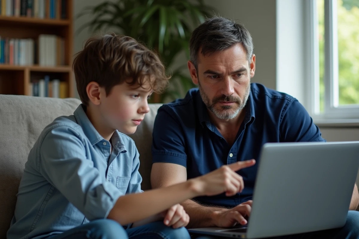 Un père et son fils adolescent regardant ensemble un écran d'ordinateur portable dans le salon, symbolisant le dialogue parental sur les habitudes numériques des ados