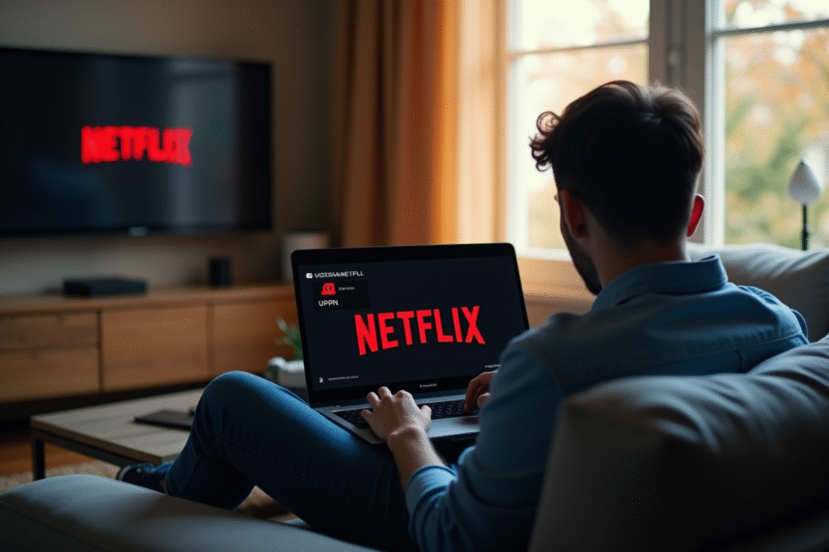 Personne frustrée devant un canapé avec écran Netflix et VPN