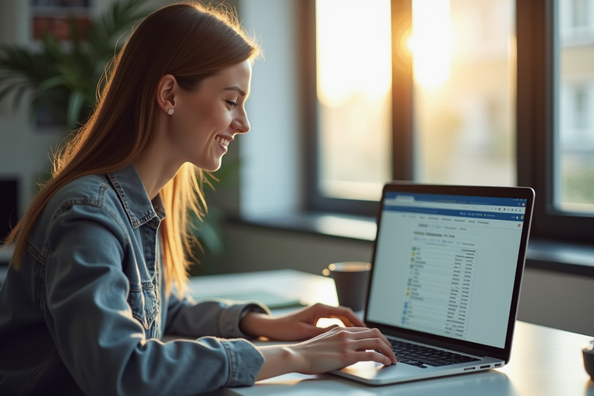 Personne souriante au bureau avec un laptop affichant une interface webmail