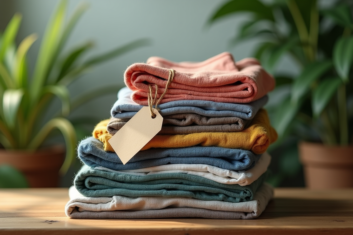 Pile de vêtements vintage avec étiquettes recyclées sur une table en bois