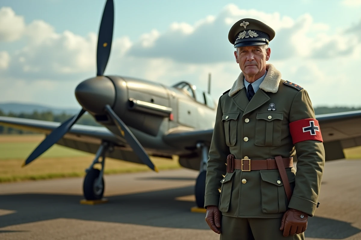 Pilote allemand en uniforme WWII près d’un avion historique