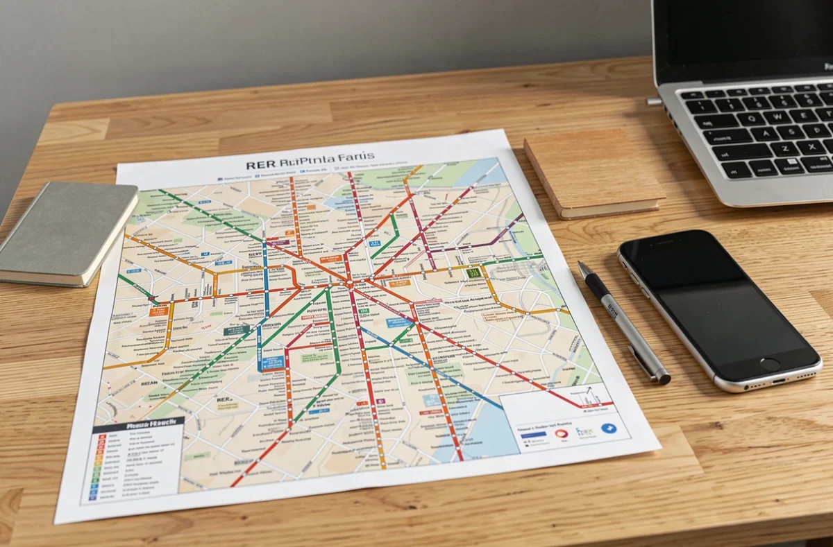 Plan imprimable du réseau RER de Paris posé sur un bureau avec stylo et smartphone