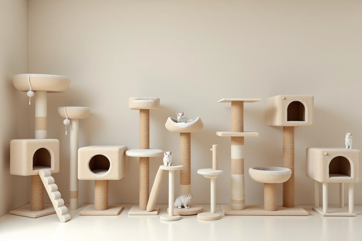 Plusieurs arbres à chat beige dans un showroom minimaliste