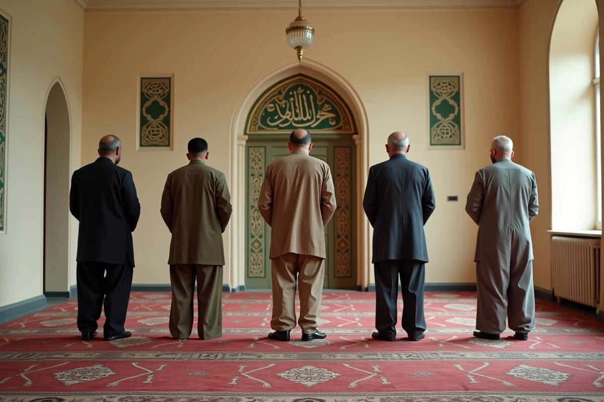 Groupe d'hommes en train de faire la prière collective dans une mosquée de Reims