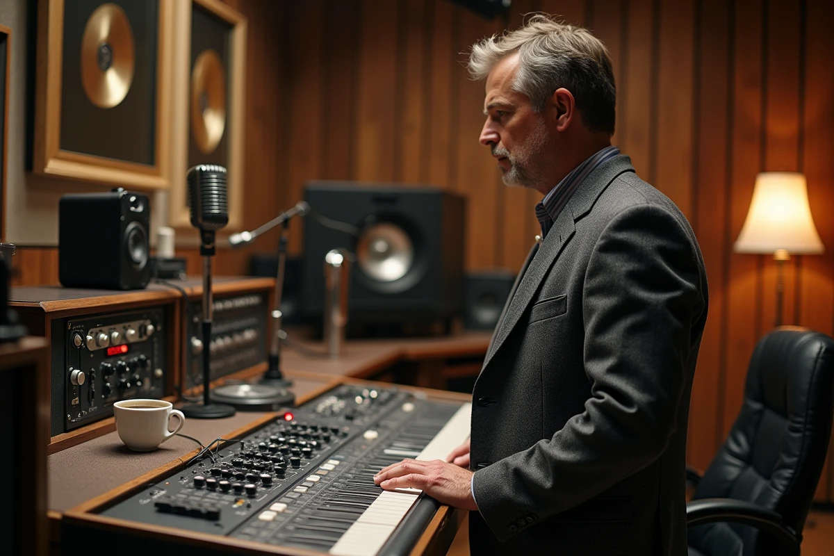 Producteur de musique à la console d'enregistrement dans un studio professionnel, hommage au génie créatif de Michel Berger