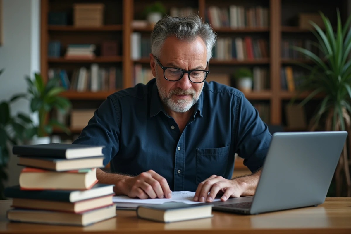Homme recherchant un ISBN de livre sur un ordinateur portable posé sur un bureau en bois entouré de livres