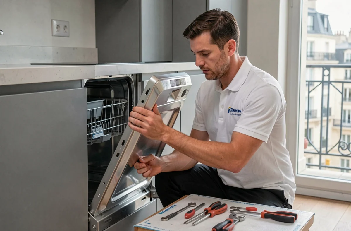 Technicien Renew Électroménager démontant un lave-vaisselle dans une cuisine moderne