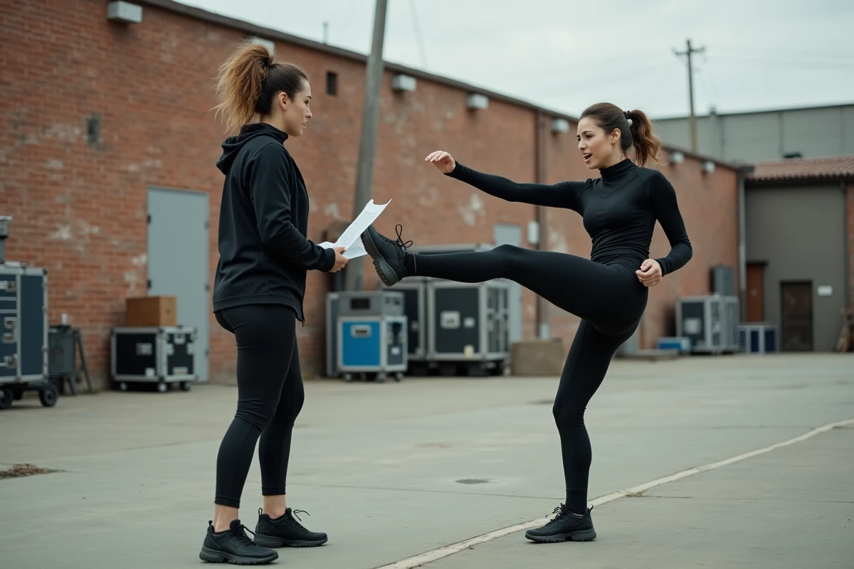Deux actrices répétant des chorégraphies de combat avec un coordinateur de cascades sur un plateau extérieur, illustrant la préparation physique pour un film d'action comme Black Widow