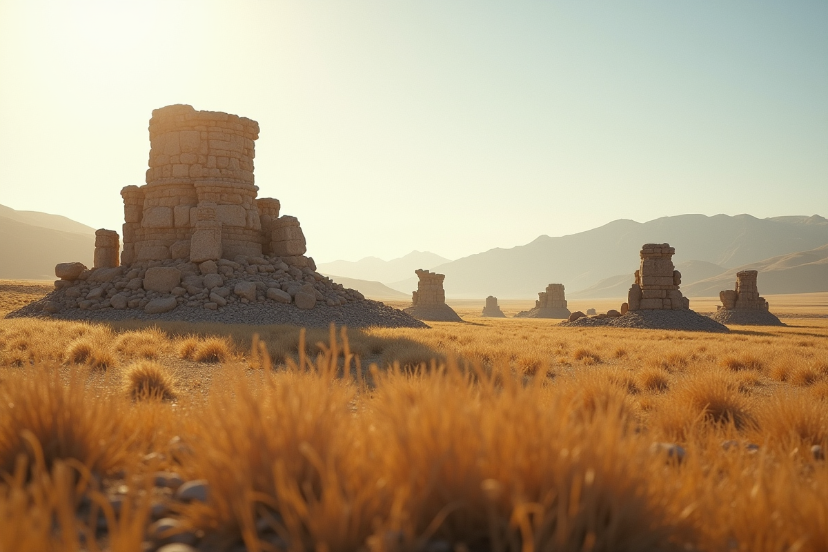 Ruines anciennes du Mongol sur une prairie en plein jour