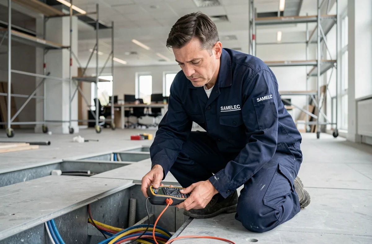 Électricien SAMELEC testant un circuit électrique avec un multimètre dans un bureau parisien en rénovation