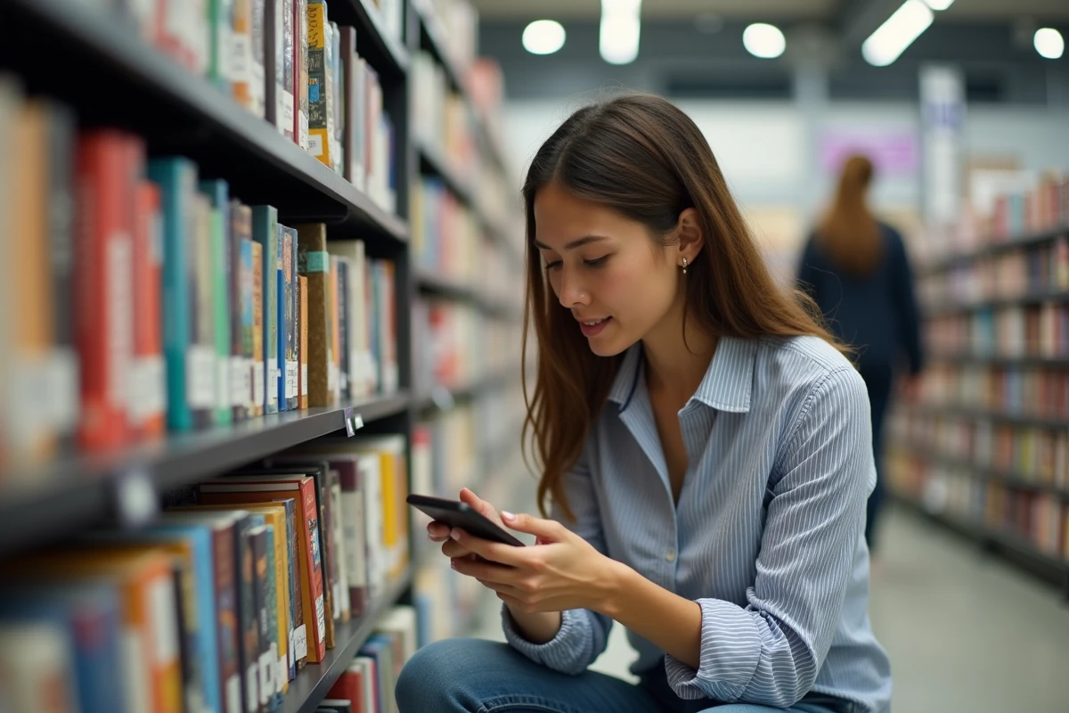 Jeune femme scannant le code ISBN d'un livre avec son smartphone dans une librairie