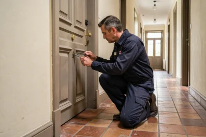 Serrurier professionnel en intervention devant une porte d'appartement dans les Pays de la Loire