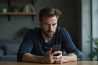 Homme seul ignorant ses messages sur son téléphone, symbolisant le silence narcissique et le retrait émotionnel