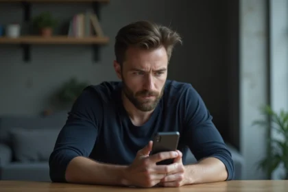 Homme seul ignorant ses messages sur son téléphone, symbolisant le silence narcissique et le retrait émotionnel