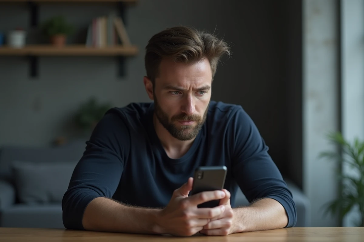 Homme seul ignorant ses messages sur son téléphone, symbolisant le silence narcissique et le retrait émotionnel