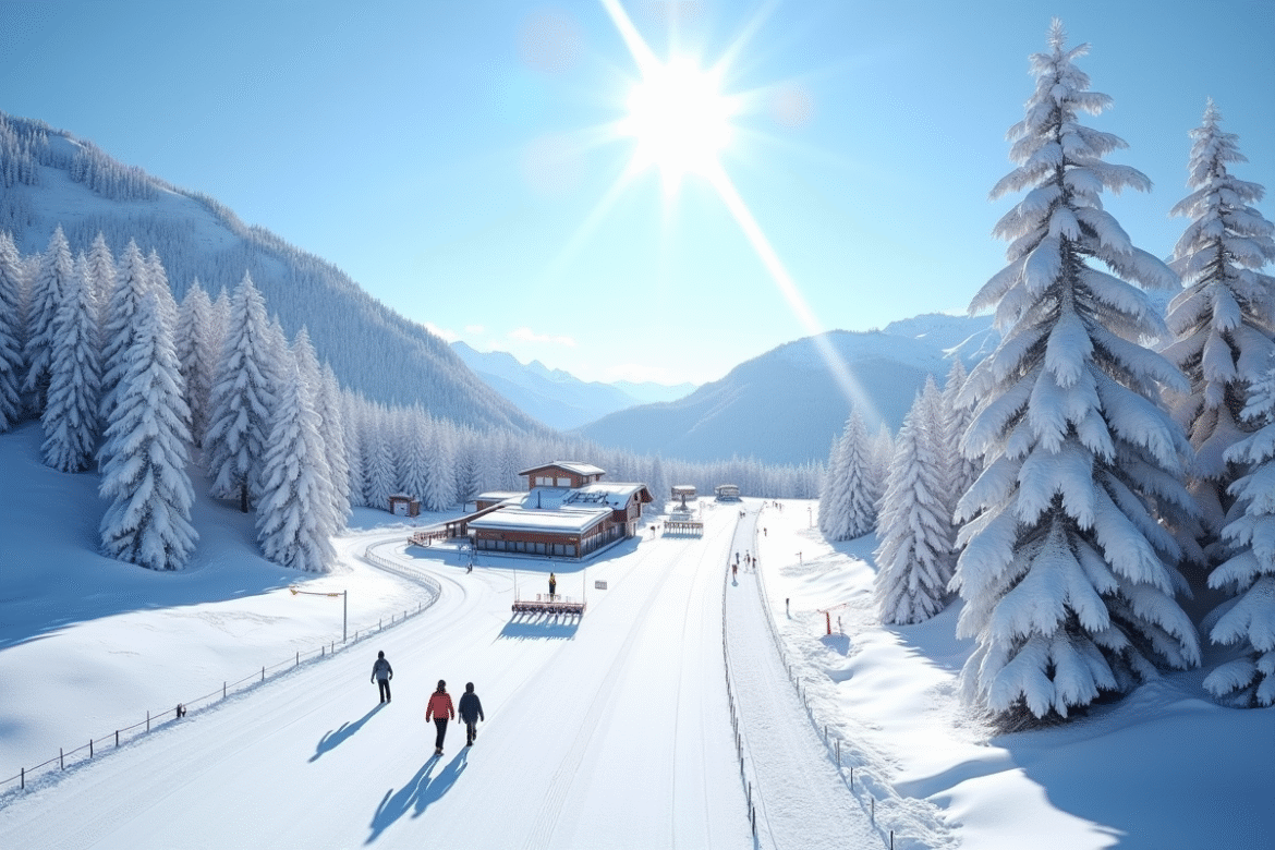Station de ski enneigée à Bessat vue d'en haut avec skieurs