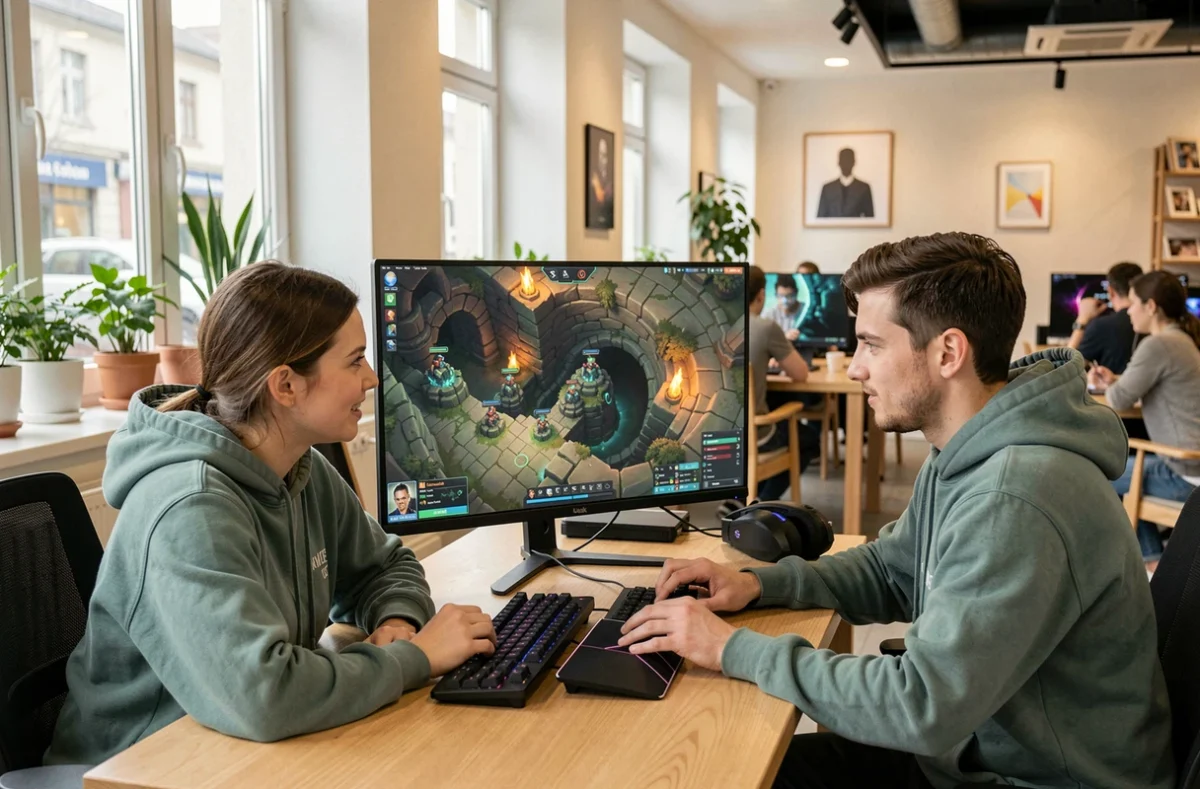 Deux joueurs en café gaming discutant d'une stratégie pour gérer la concurrence dans une mine de Dofus 3