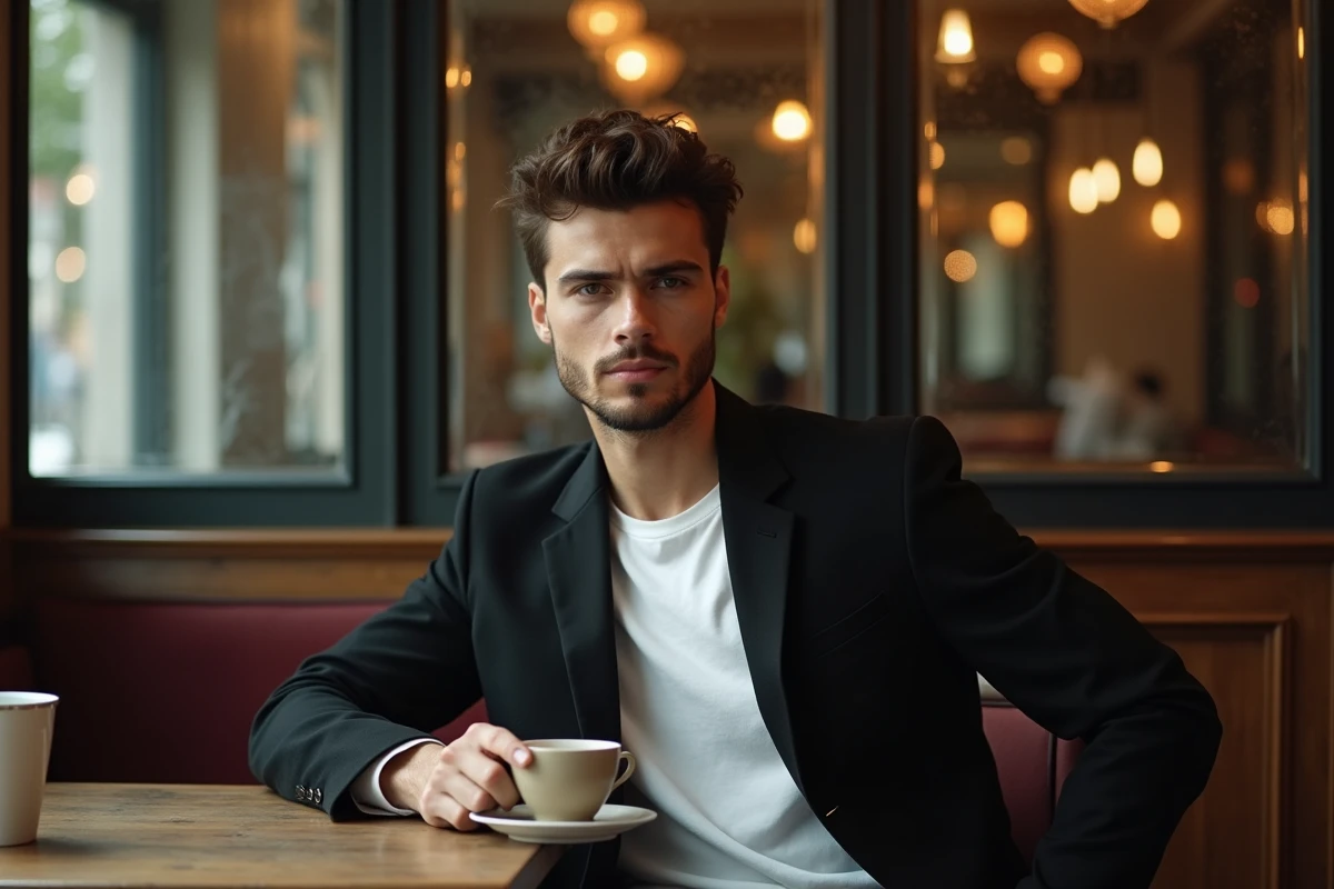 Homme en blazer noir et chemise blanche dans une brasserie parisienne, représentant le style masculin monochromatique dans la mode contemporaine