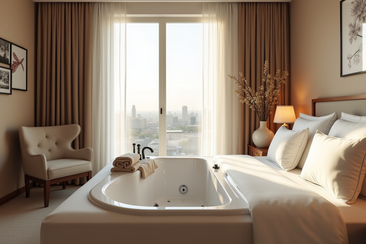 Chambre avec jacuzzi et grande fenêtre lumineuse