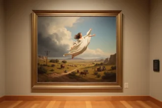 Reproduction encadrée du tableau American Progress de John Gast exposée dans une galerie de musée avec plaque explicative