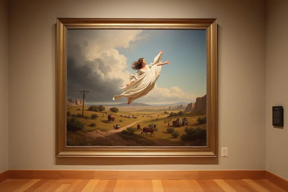 Reproduction encadrée du tableau American Progress de John Gast exposée dans une galerie de musée avec plaque explicative