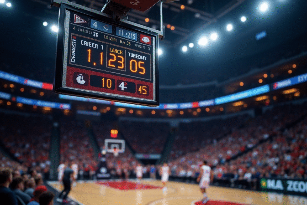 Tableau de basketball affichant le score en arrière-plan