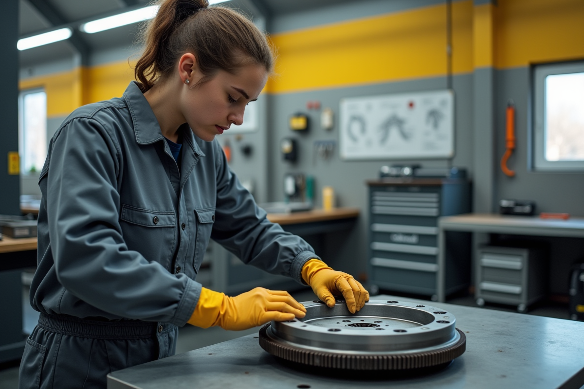 Jeune technicien serrant des boulons sur un volant moteur