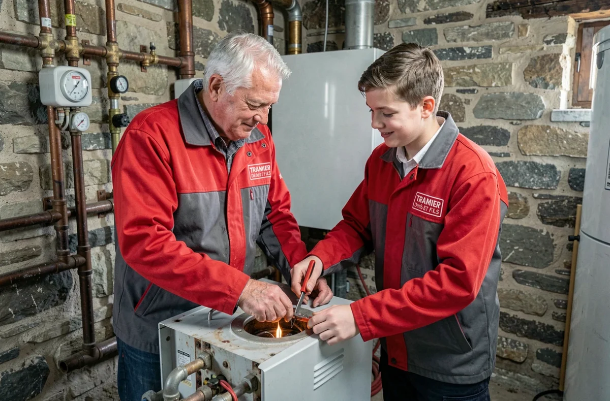 Un plombier senior et son apprenti de Tramier Denis Et Fils SAS réparent une chaudière ensemble
