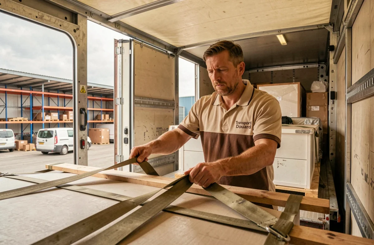 Chauffeur de Transport Douard sécurisant des meubles avec des sangles dans le chargement d'un grand camion dans un dépôt logistique breton