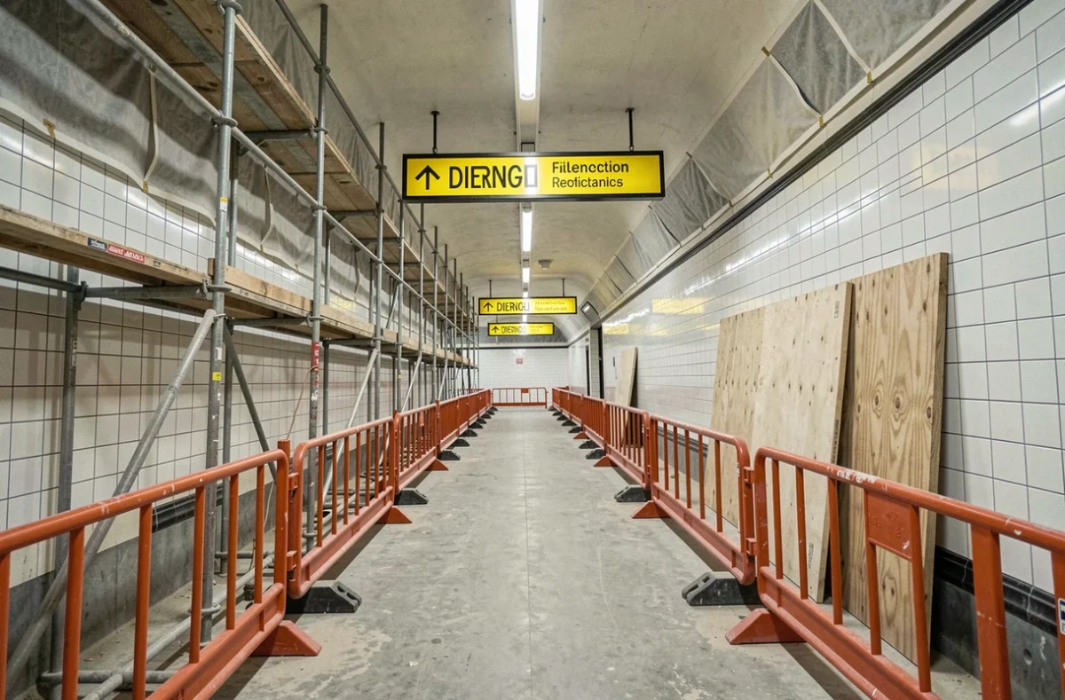 Travaux de rénovation dans un couloir de station RER parisienne avec barrières de chantier
