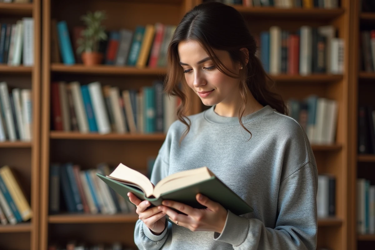 Femme tenant un livre ouvert et cherchant l'ISBN au dos de la couverture dans une bibliothèque personnelle