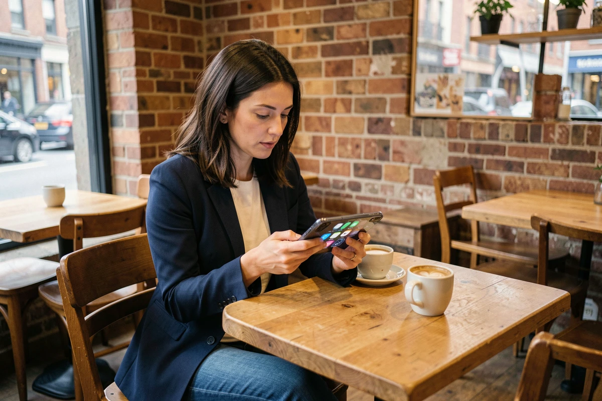 Femme utilisant des applications mobiles sur smartphone dans un café, illustrant les nouveaux usages numériques quotidiens