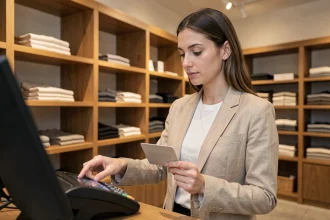 Femme utilisant une carte cadeau Kadéos Edenred à la caisse d'une boutique moderne