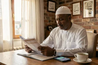 Homme consultant l'horaire de prière à Toulouse sur une application mobile et un livret imprimé, vérifiant la conformité aux avis religieux islamiques