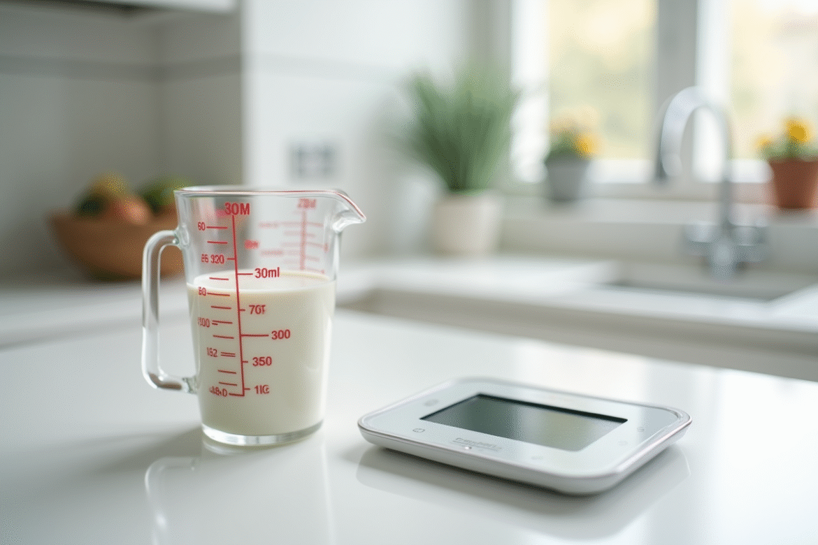 Verre mesureur avec 300 ml de lait sur plan de cuisine blanc