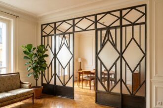 Verrière art déco sur mesure en acier noir avec vitrages géométriques installée dans un appartement parisien