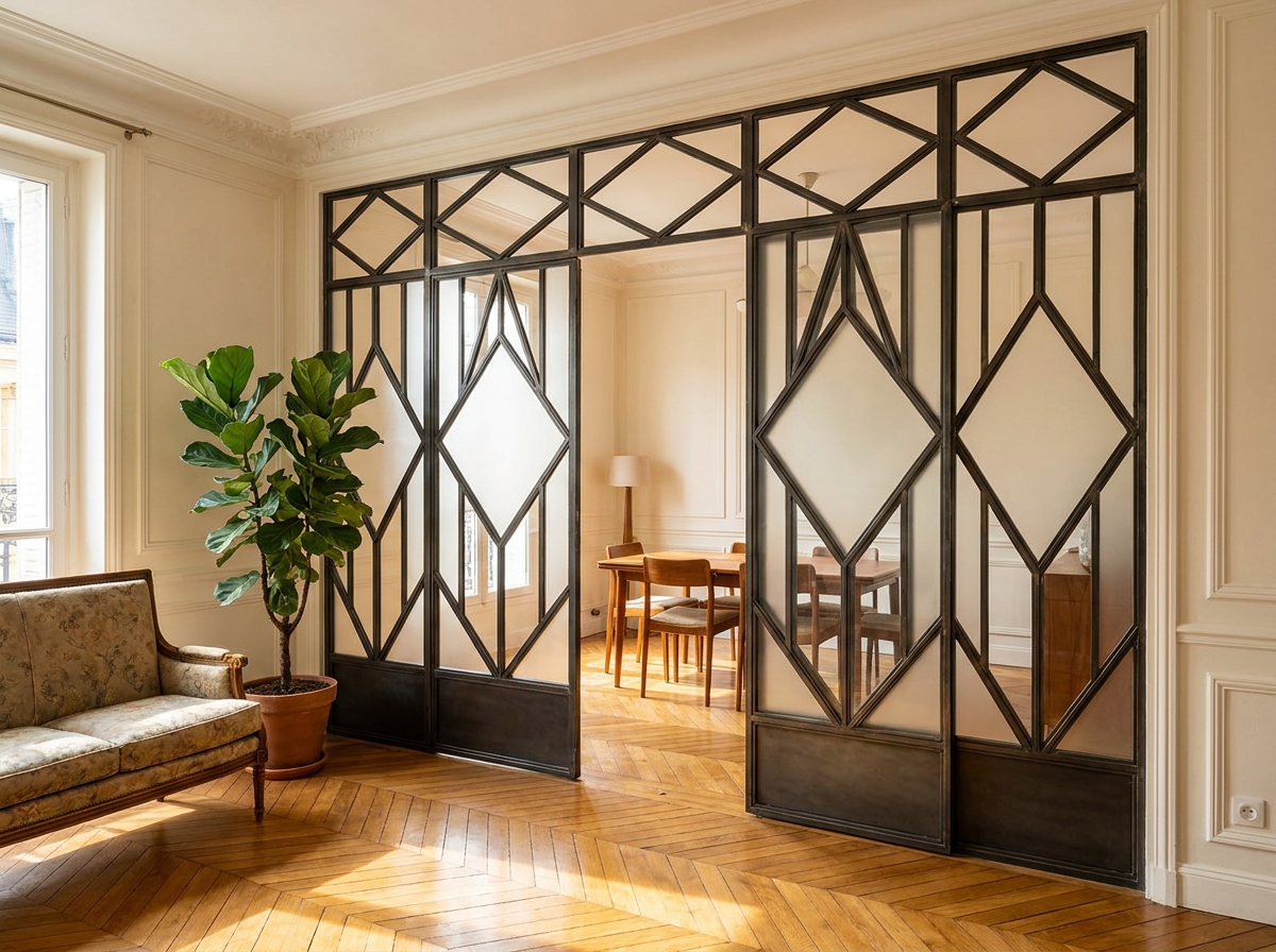 Verrière art déco sur mesure en acier noir avec vitrages géométriques installée dans un appartement parisien