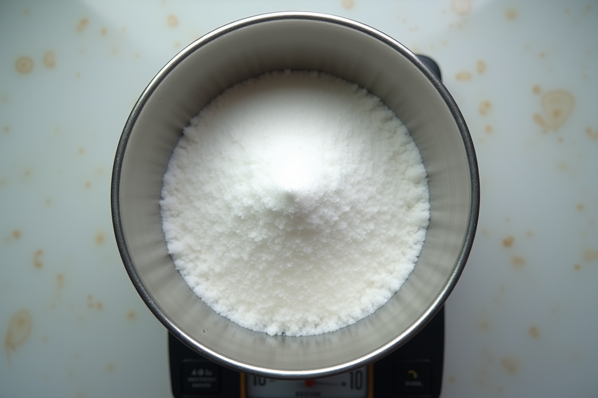 Versage de sucre dans un bol en inox avec balance précise