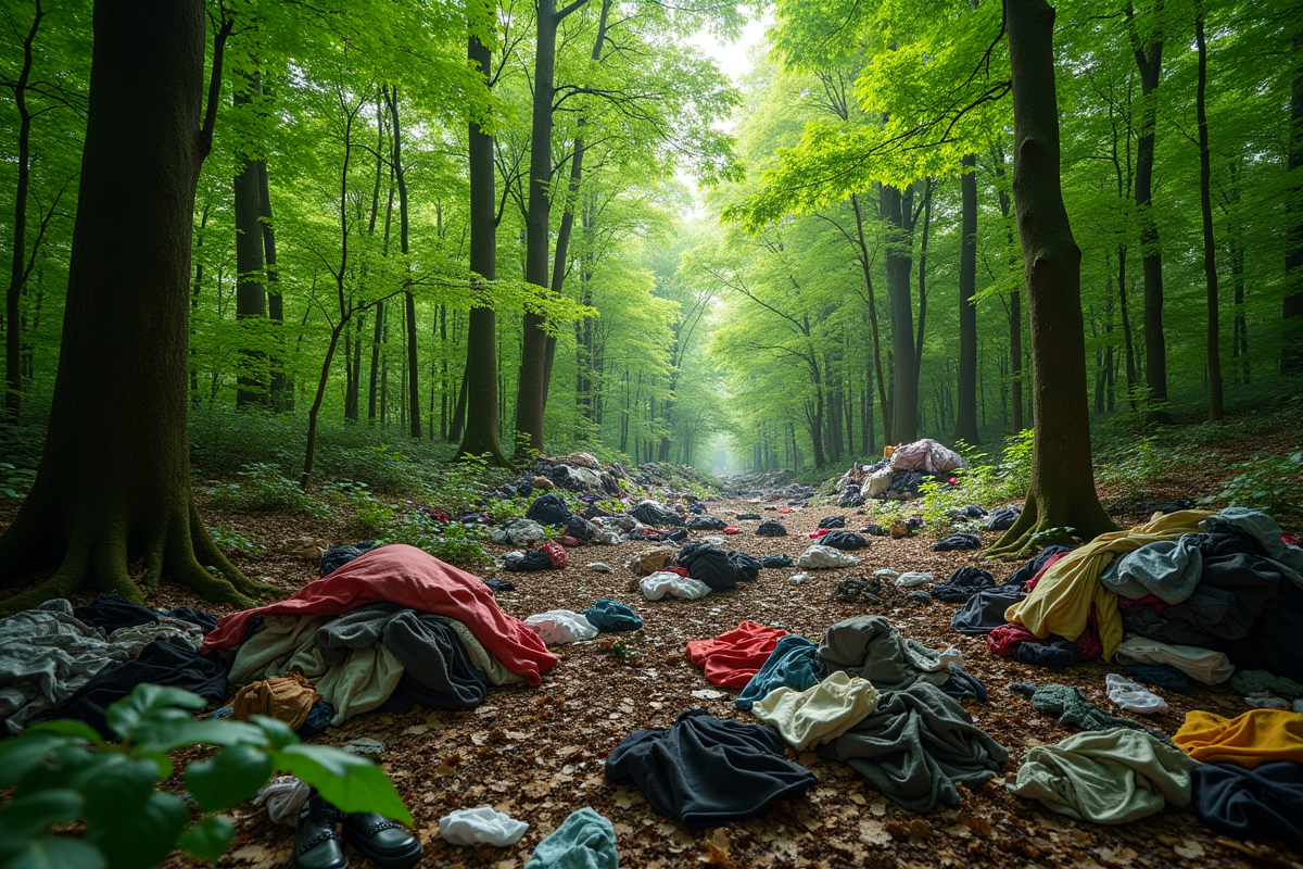 Vêtements usés dans une forêt verte contrastant avec la nature