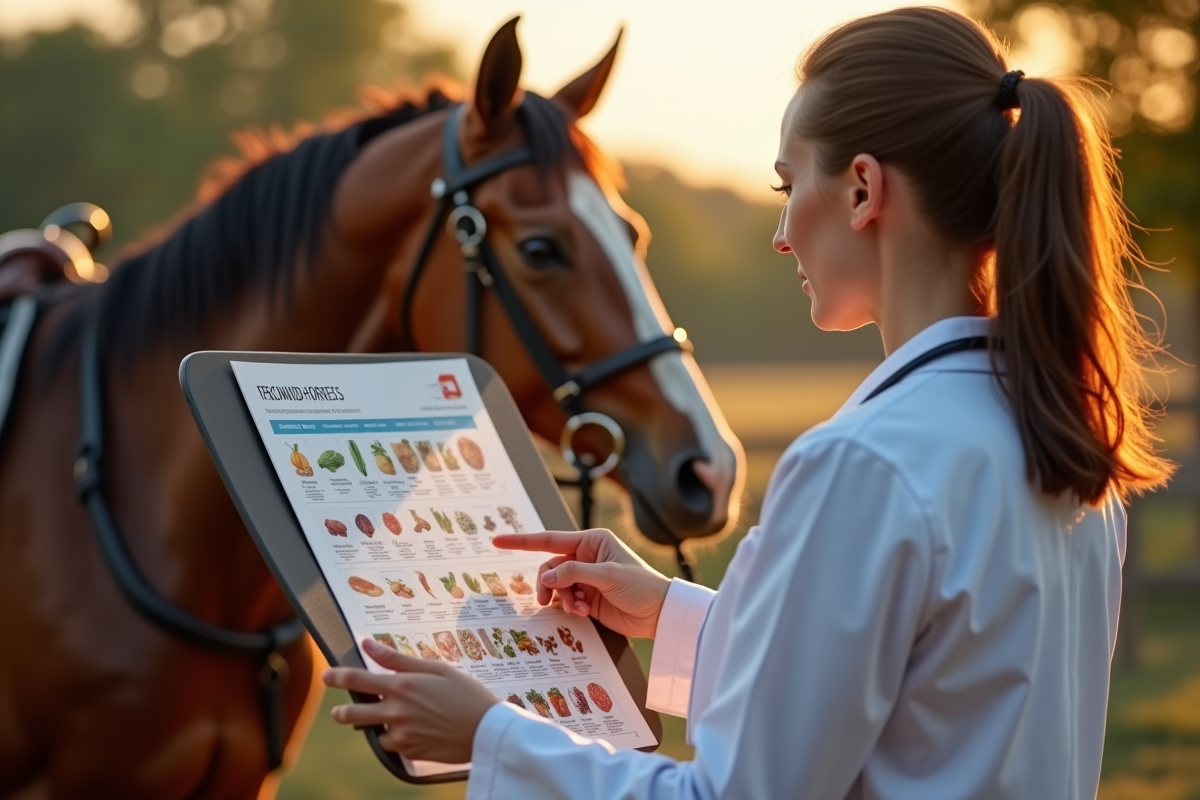 Vétérinaire montrant un tableau sur les aliments dangereux pour les chevaux