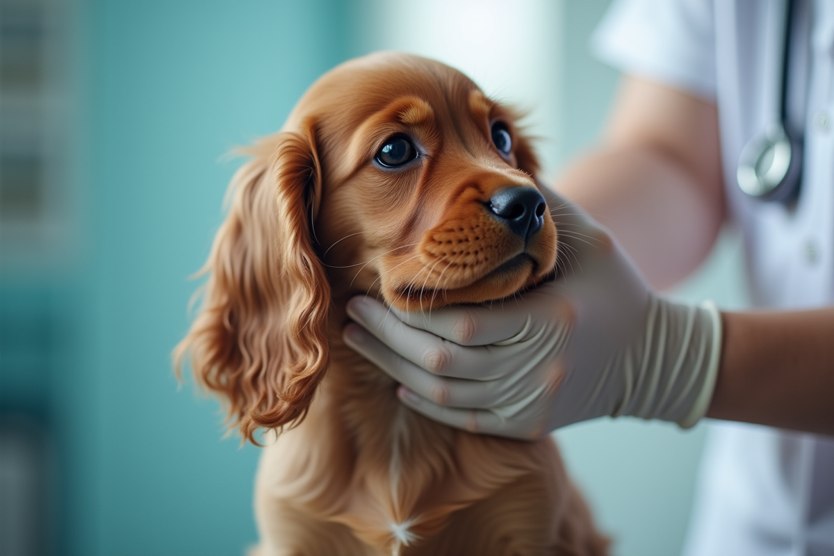 Examen d un chiot cocker spaniel chez le veterinaire
